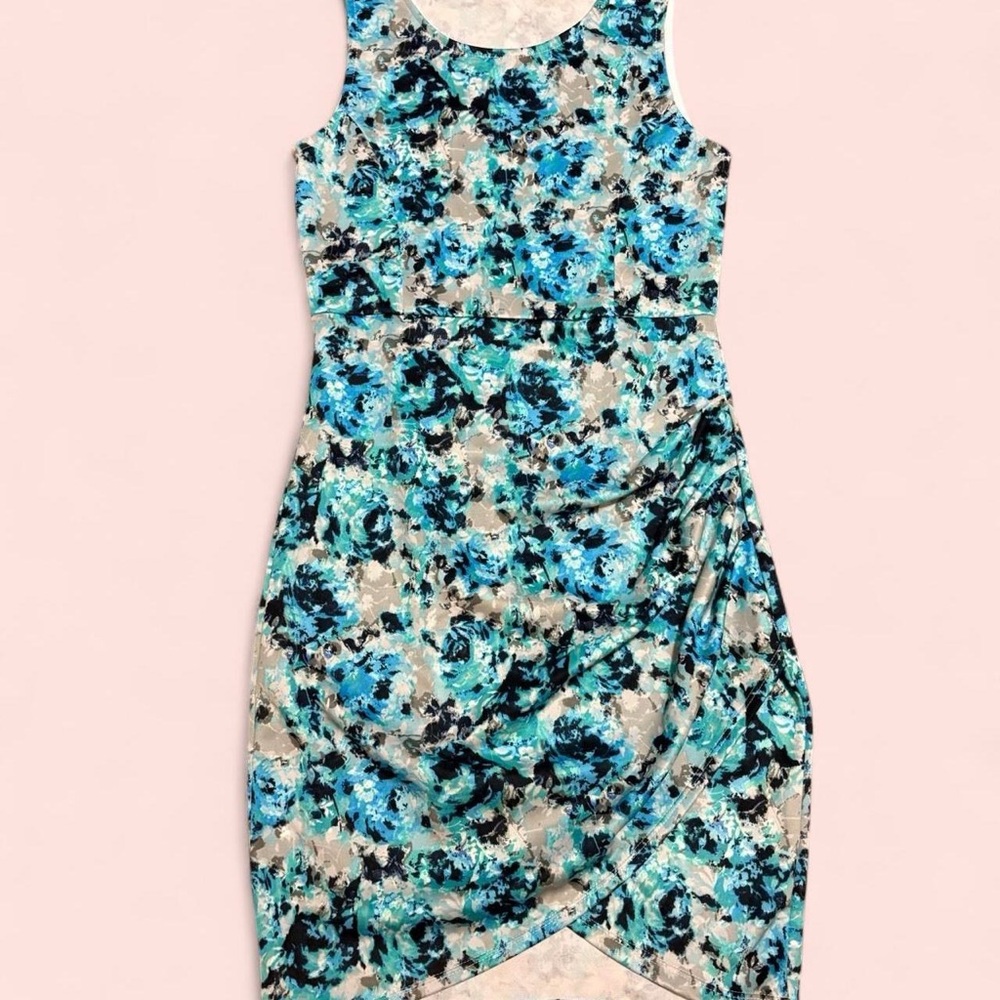 Blue and Black Asymmetrical Ruched Midi Dress